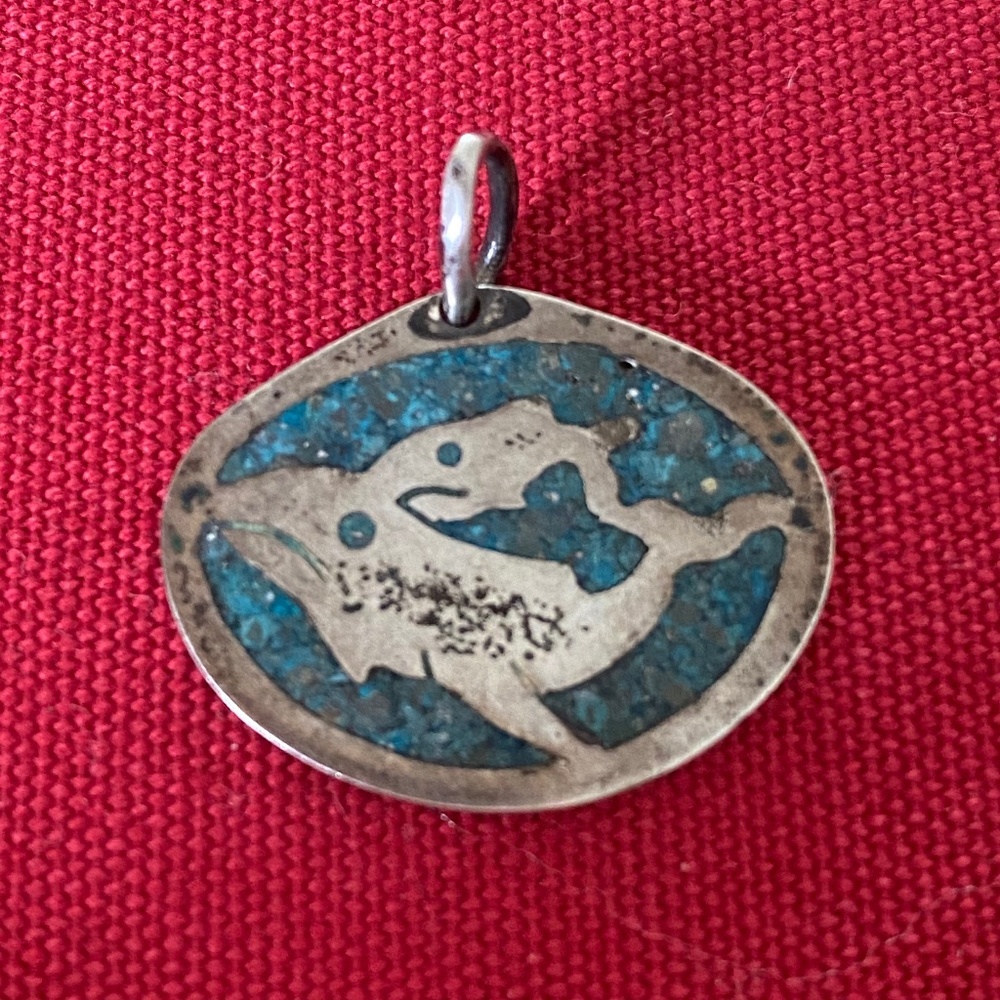 VTG STG Whale Cow + Calf Turquoise Inlay Charm